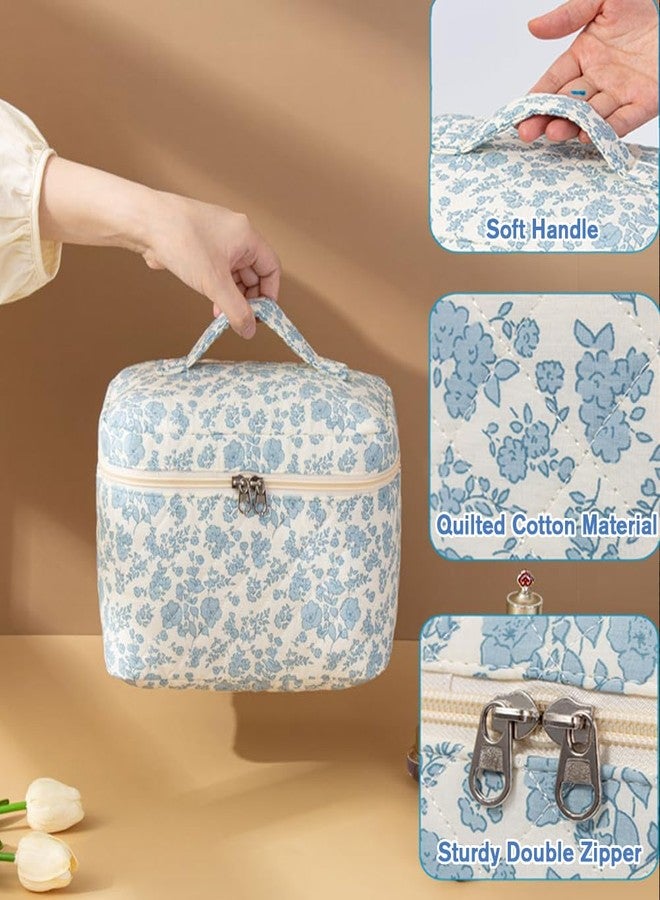 FITINI Travel Makeup Bag Large Quilted Cosmetic Pouch for Women Purse With Handle Zipper Cosmetic Brush Bags,Floral Blue - Image 3